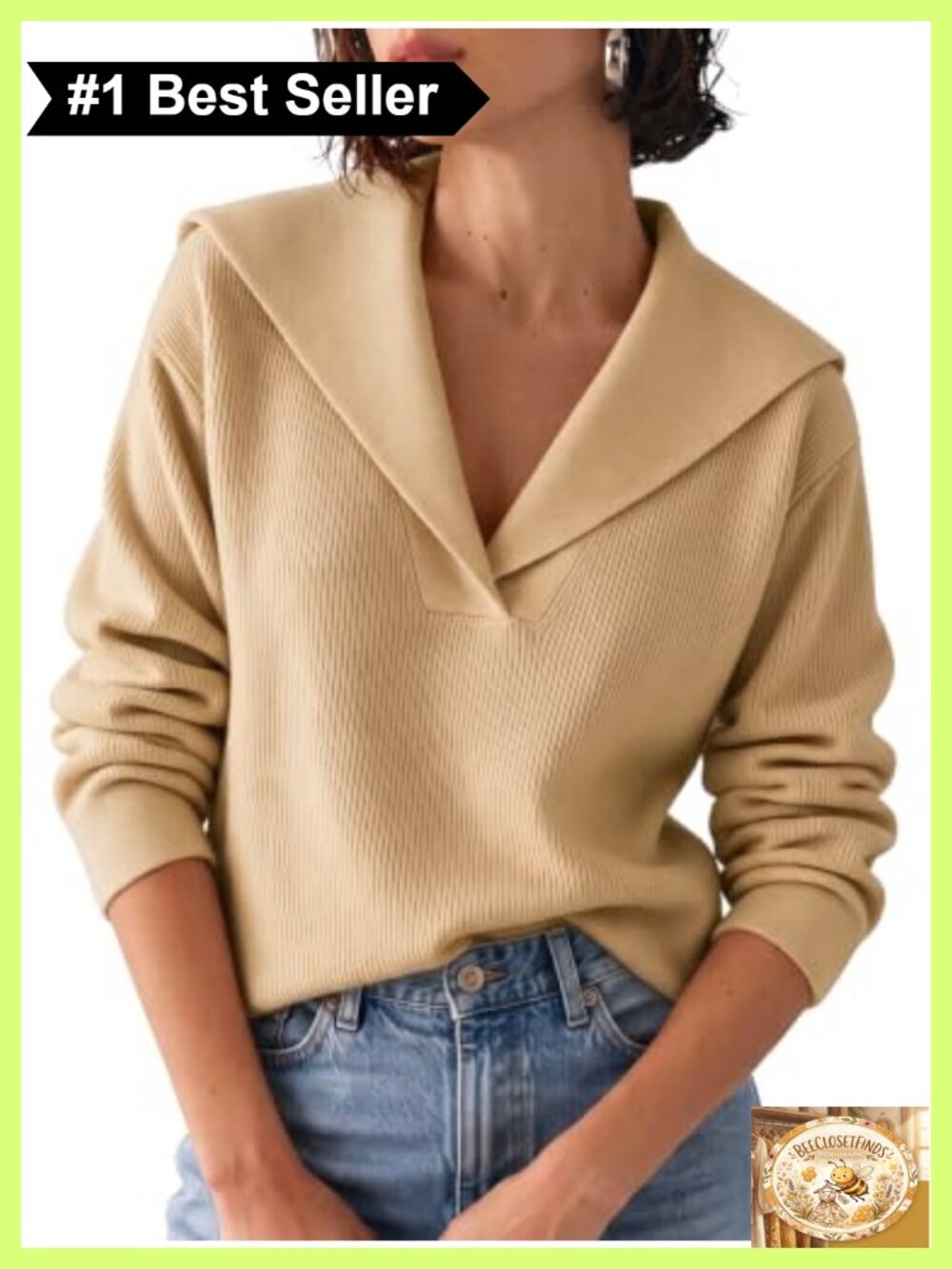 Womens Ribbed Pullover Sweater Lapel V Neck Long Sleeve Loose Fit